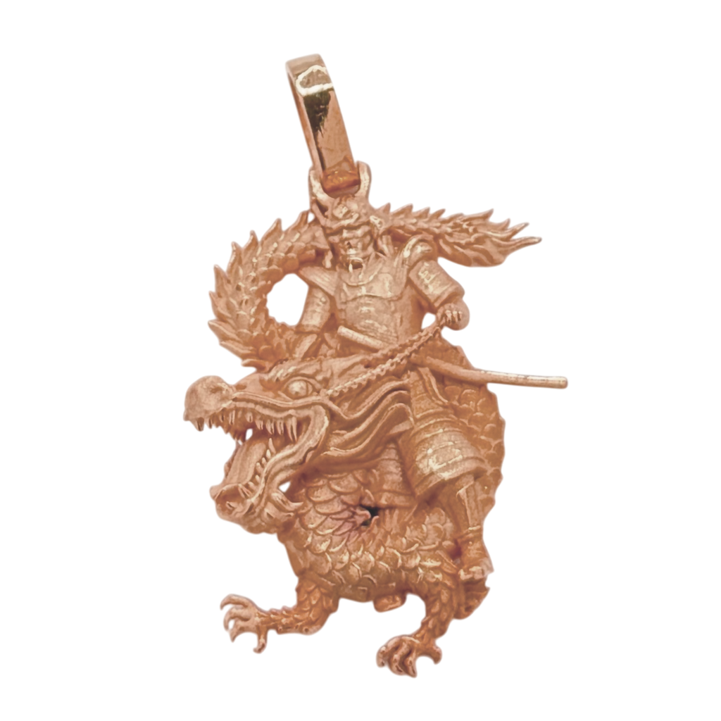 Samurai Riding Dragon gold pendant in rose gold