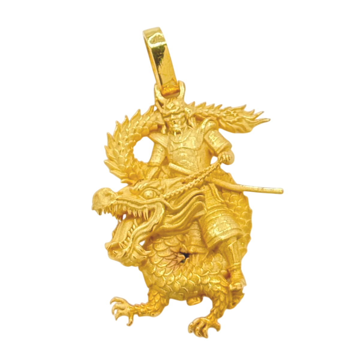 Solid gold Samurai Riding Dragon Pendant, front view