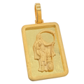 Solid gold Santa Muerte Rectangular Pendant, low-relief figure with scythe and globe inside a plain polished frame