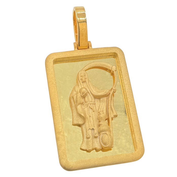 Solid gold Santa Muerte Rectangular Pendant, low-relief figure with scythe and globe inside a plain polished frame