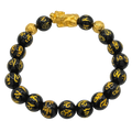 24K Yellow Gold Single Pi Xiu w/ Money Coin Balls Black Obsidian Scripture Beads Bracelet