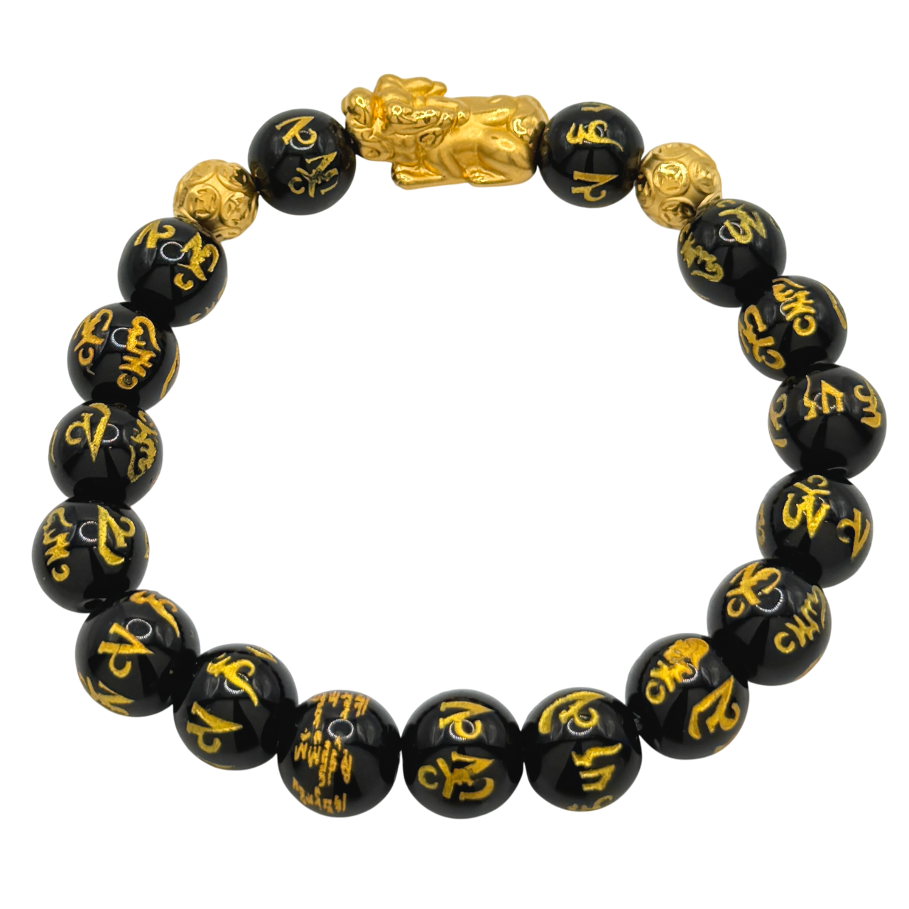 24K Yellow Gold Single Pi Xiu w/ Money Coin Balls Black Obsidian Scripture Beads Bracelet