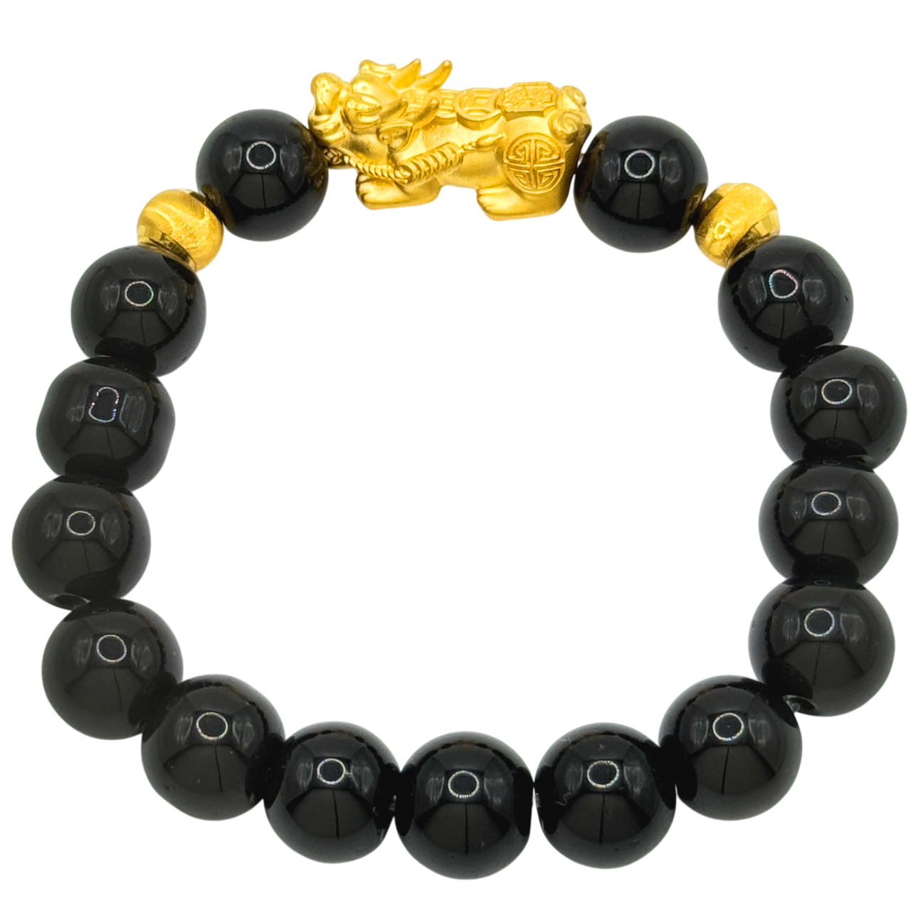 24K Yellow Gold Pi Xiu Black Obsidian Bead Bracelet