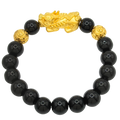 24K Yellow Gold Pi Xiu w/ Money Coin Balls Black Obsidian Bead Bracelet