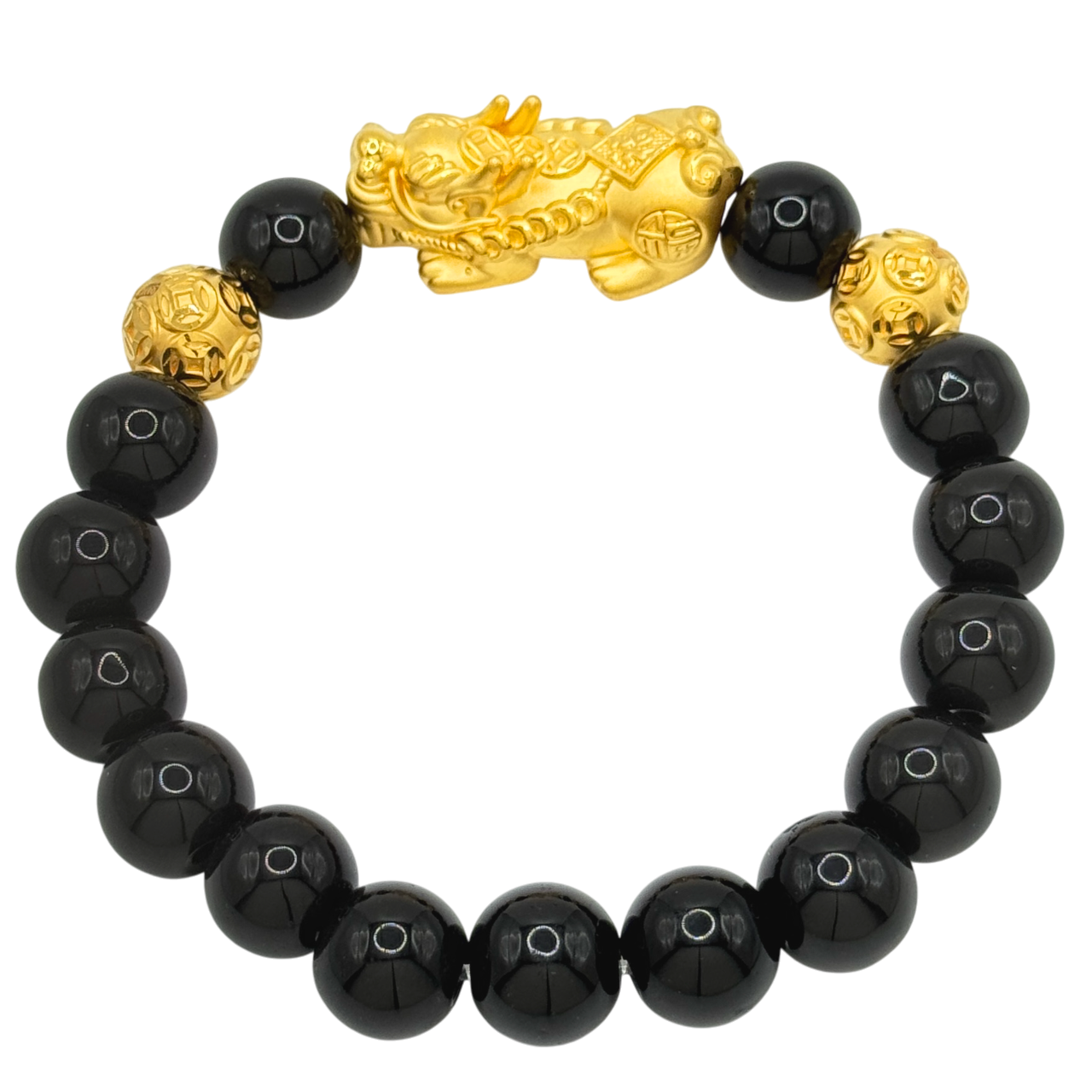 24K Yellow Gold Pi Xiu w/ Money Coin Balls Black Obsidian Bead Bracelet