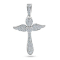 Rhodium Plated 925 Sterling Silver CZ Encrusted Winged Cross Pendant - SLP00192