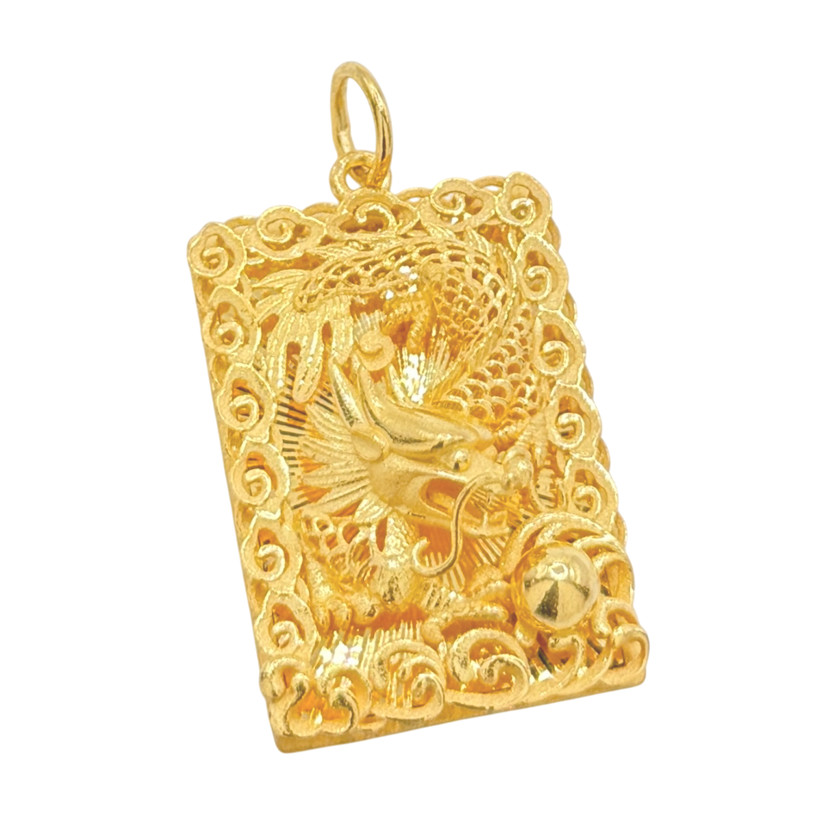 Solid gold Dragon Orb Pendant, dragon reaching for a polished orb inside a cloud-scroll border
