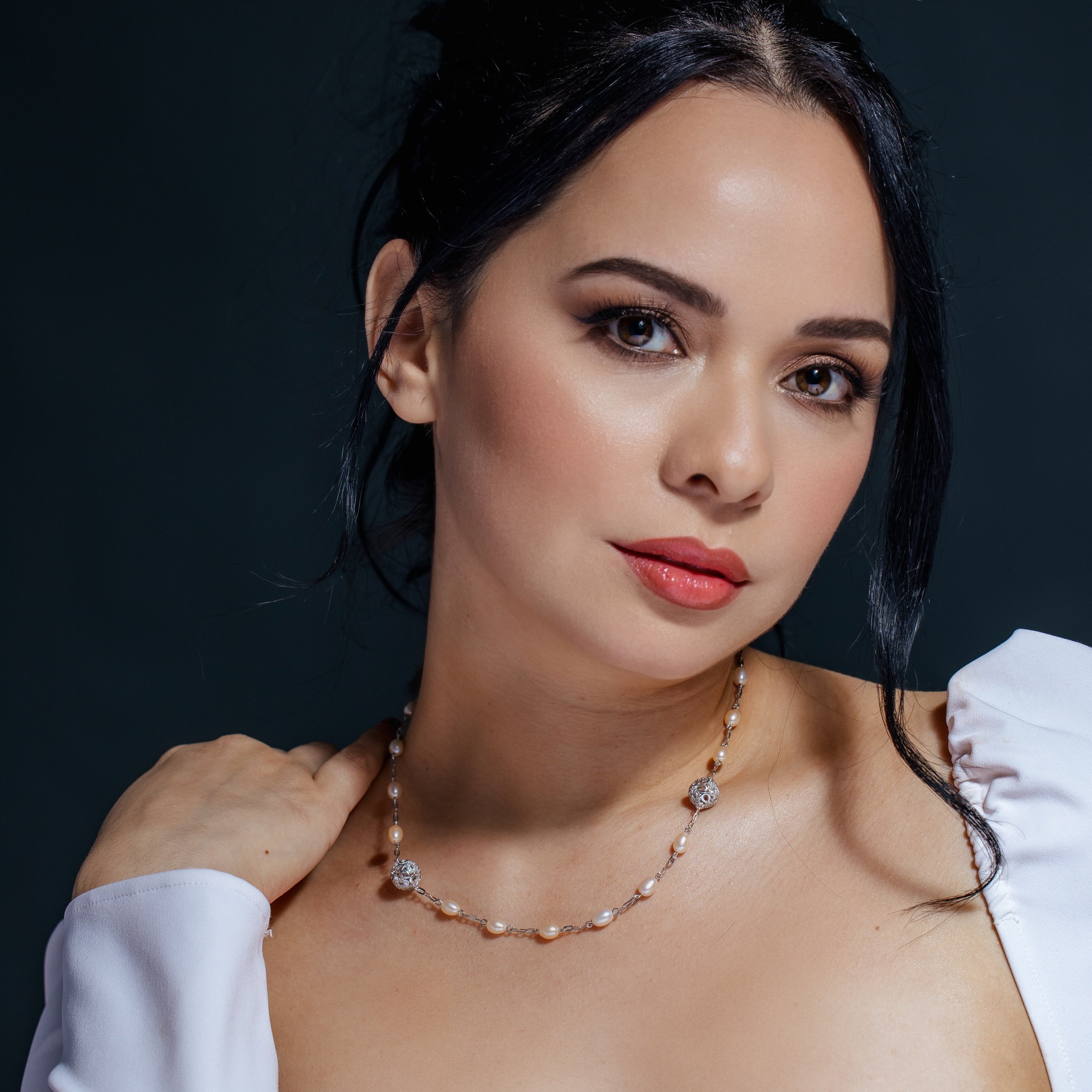 Rhodium Plated Pearl and CZ Bead Necklace- SPN00024
