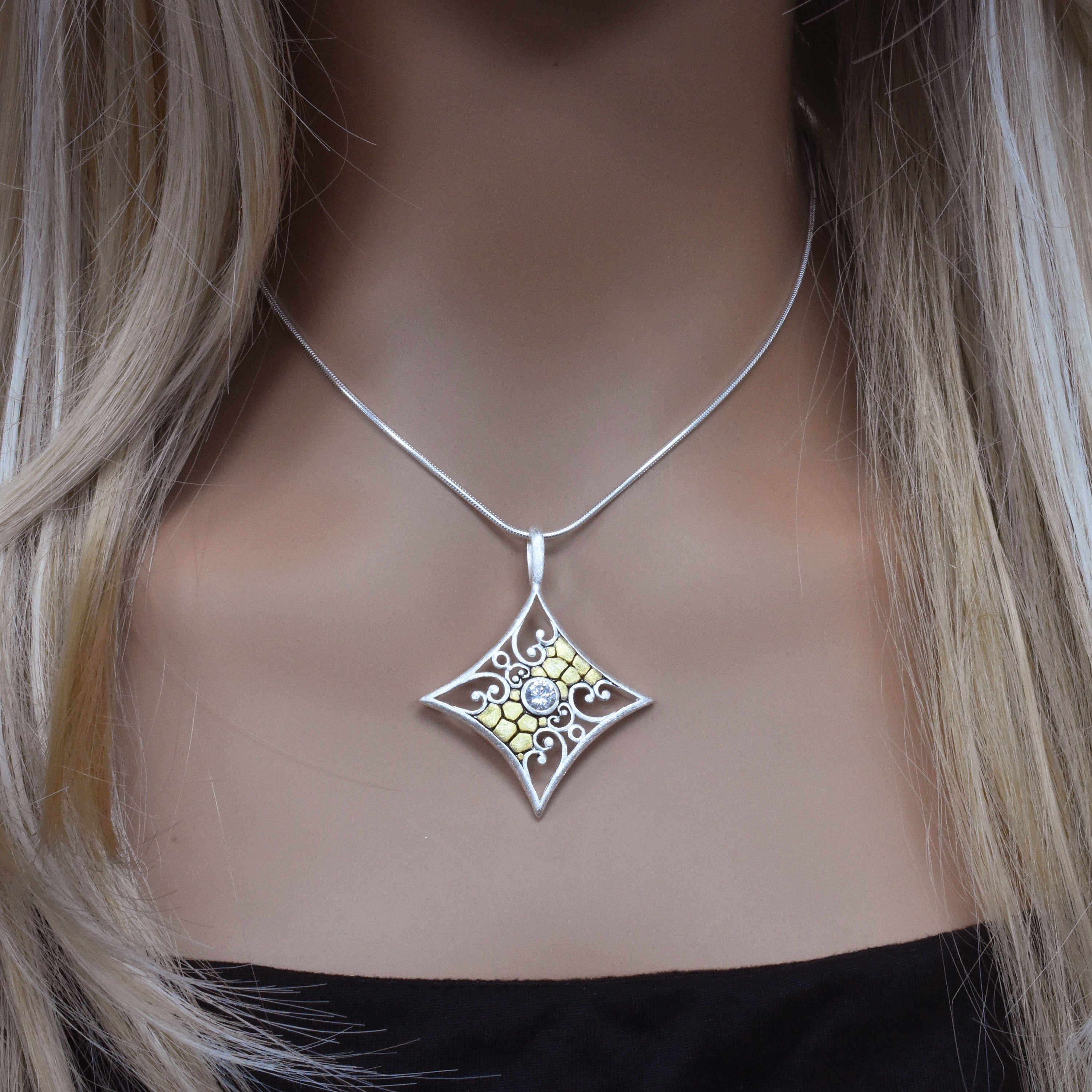 Sterling Silver Matte Finish 2 Toned Diamond Shaped W/CZ Center Pendant - SPP00026