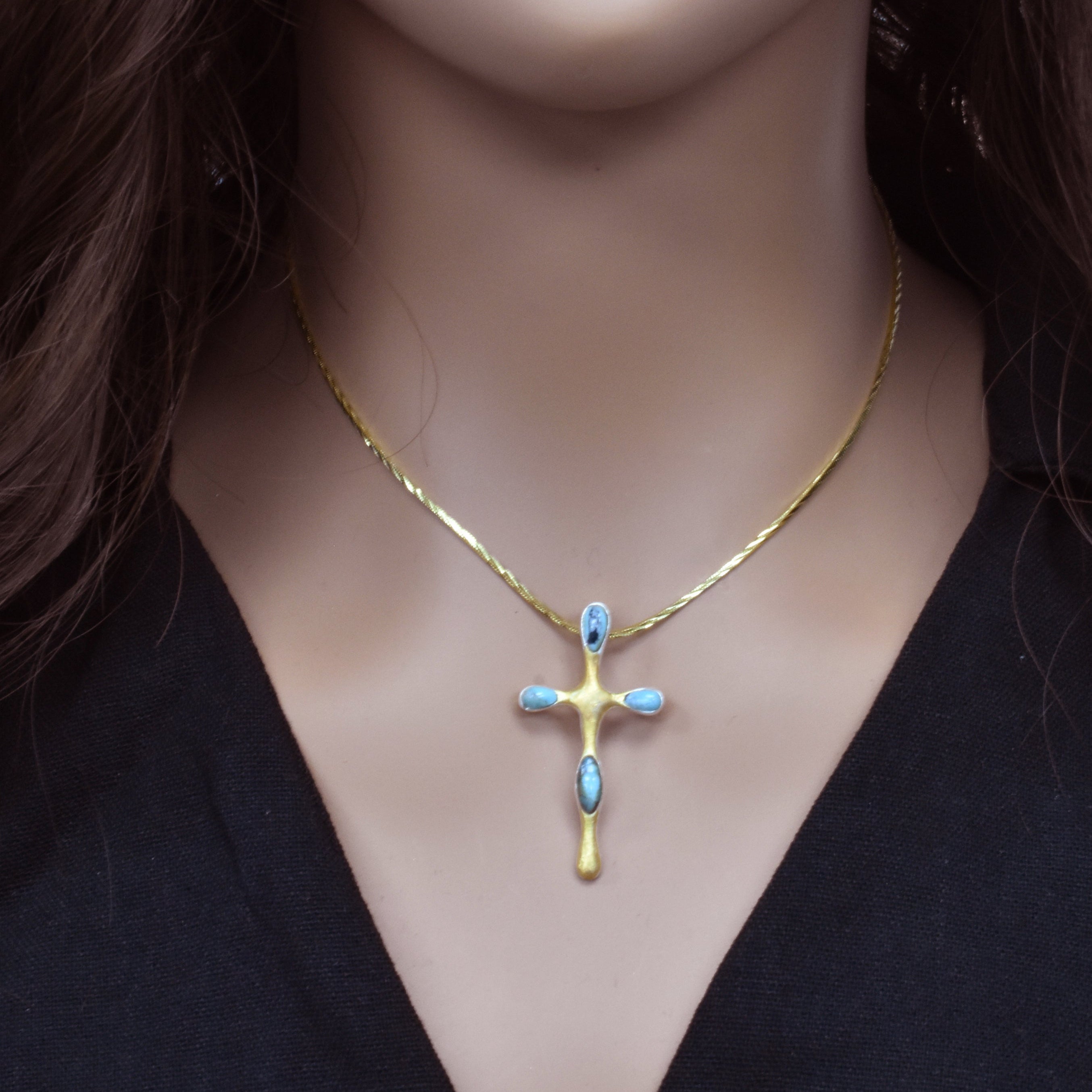 Sterling Silver Matte Finish 2 Tone Turquoise Cross -SPP00035