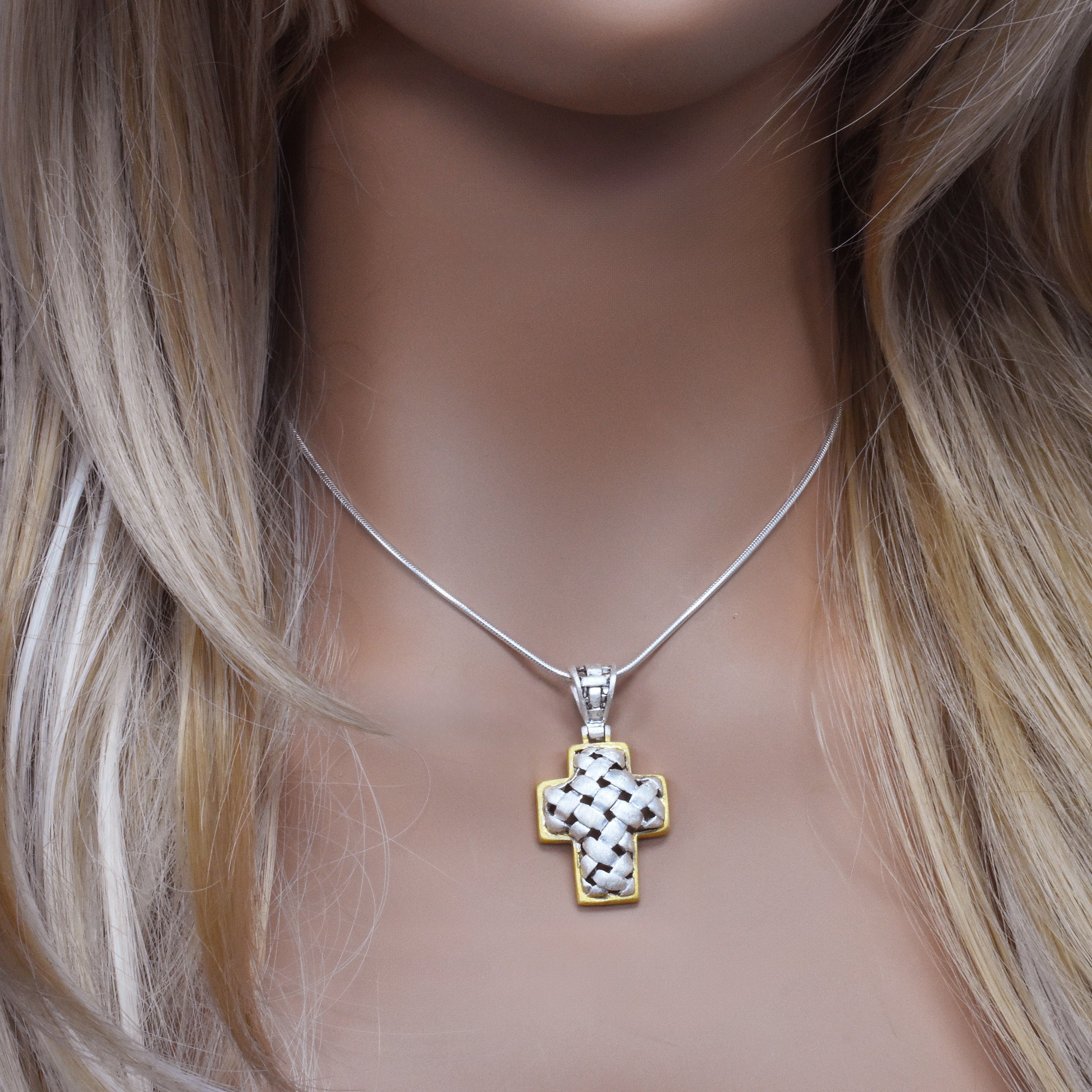 Sterling Silver Matte Finish 2 Tone Basket Cross -SPP00036