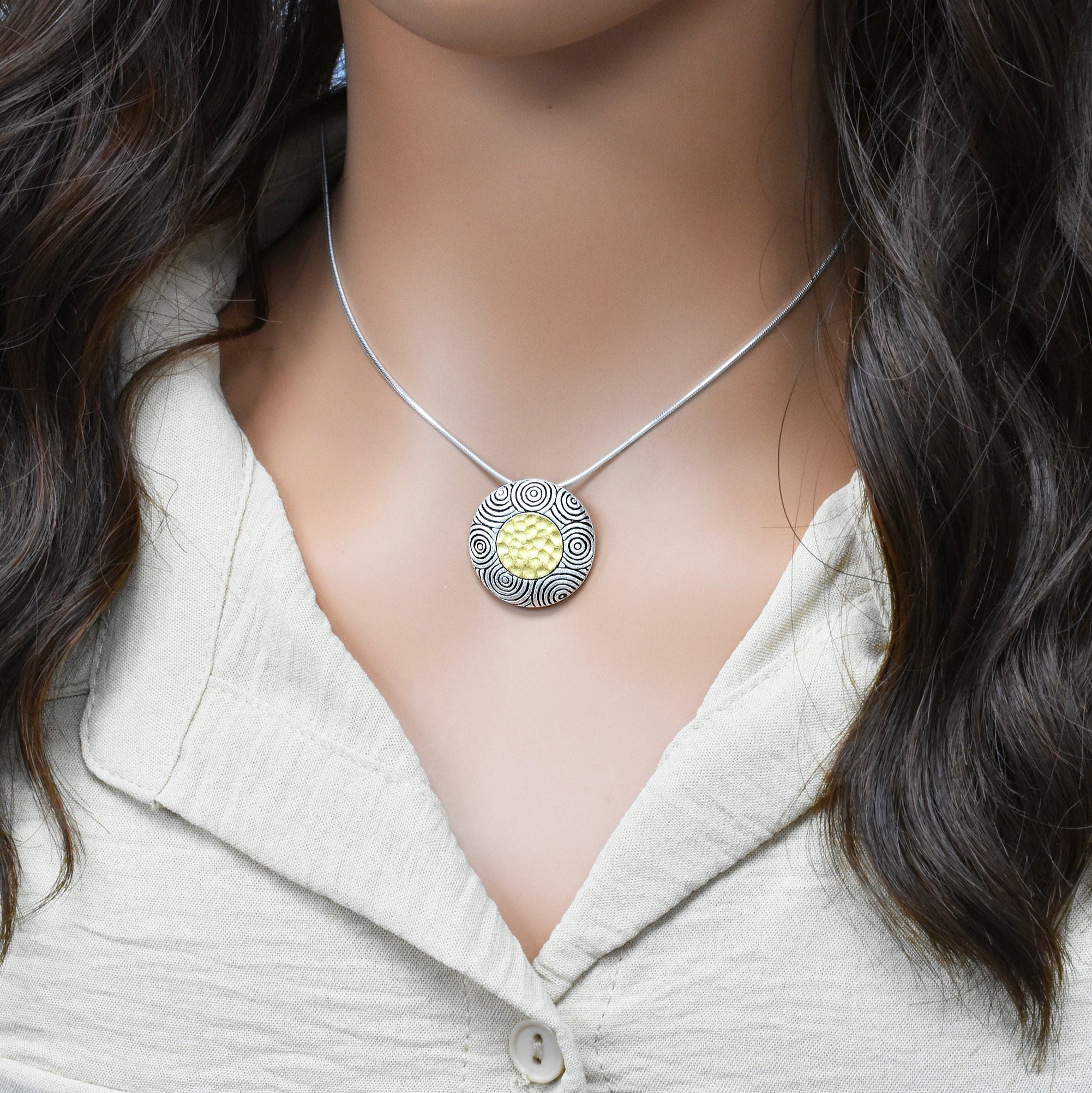 Sterling Silver Matte Finish 2 Toned Spiral Disc Pendant - SPP00039
