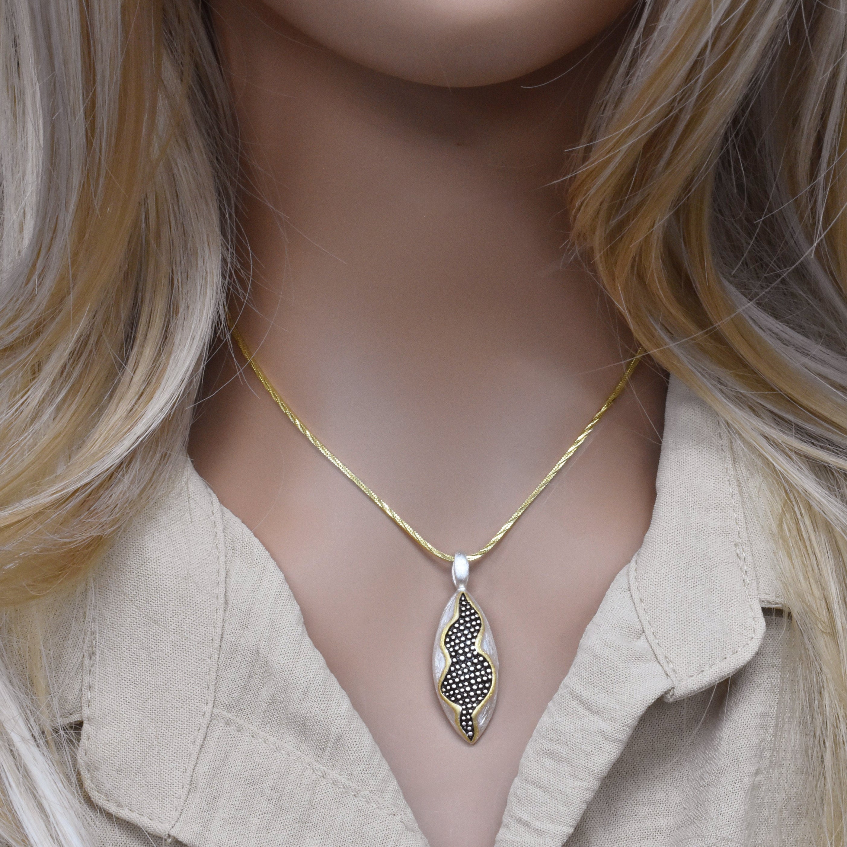 Two-Tone 925 Sterling Silver Almond Shaped Pendant - SPP00040