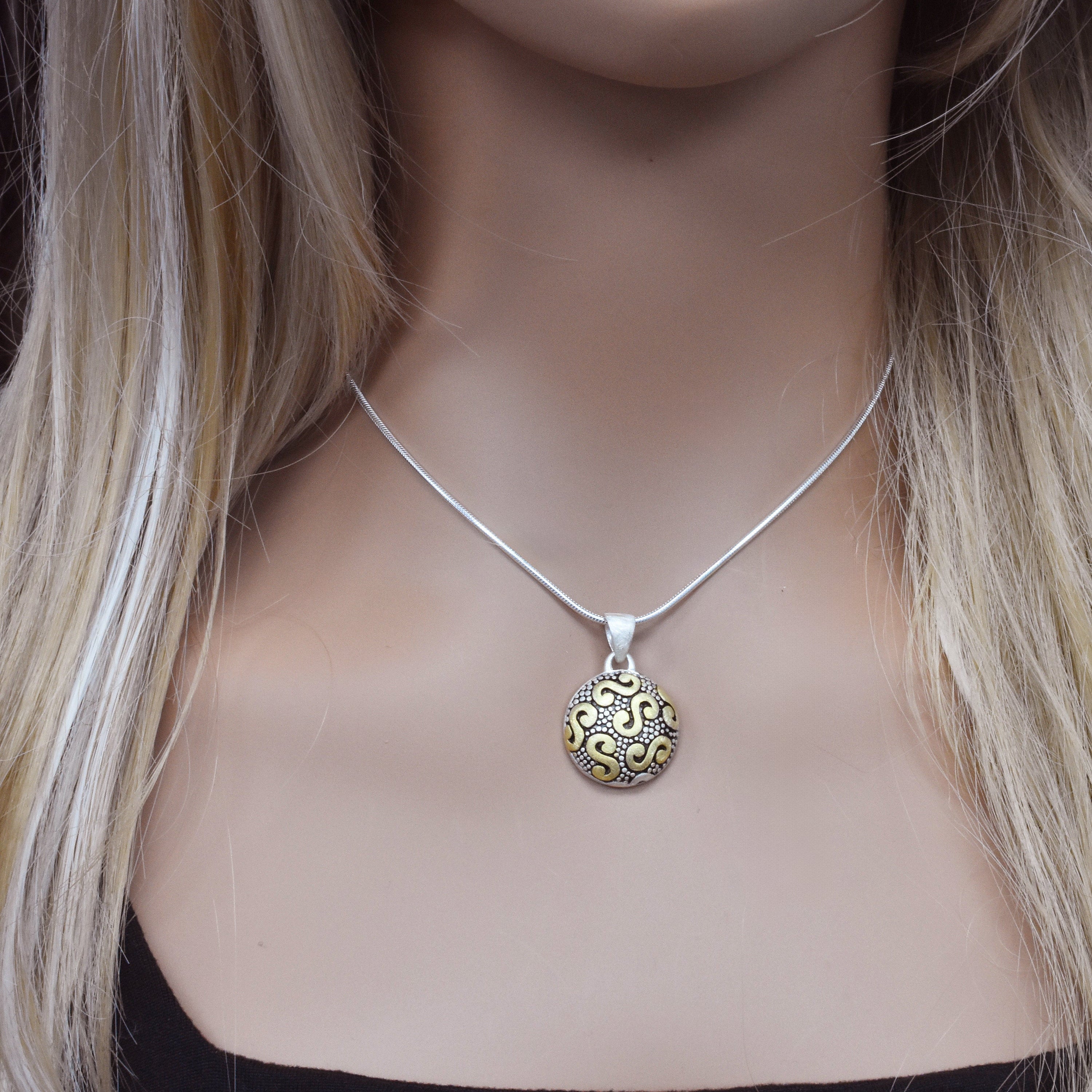 Sterling Silver 2 Tone Beaded Swirl Dome Pendant - SPP00042