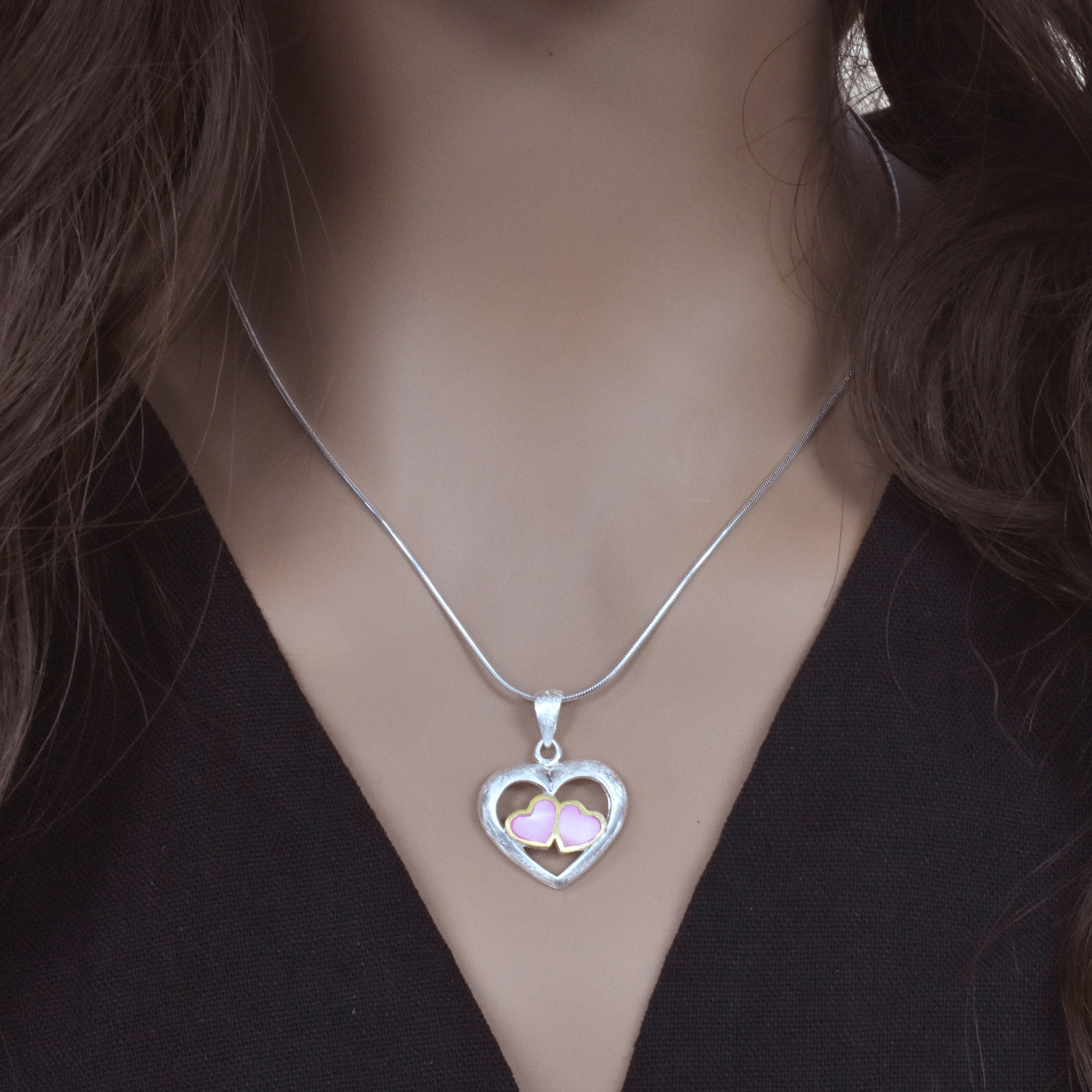 Sterling Silver 2 Tone Pink Mother of Pearl Triple Heart Pendant - SPP00044