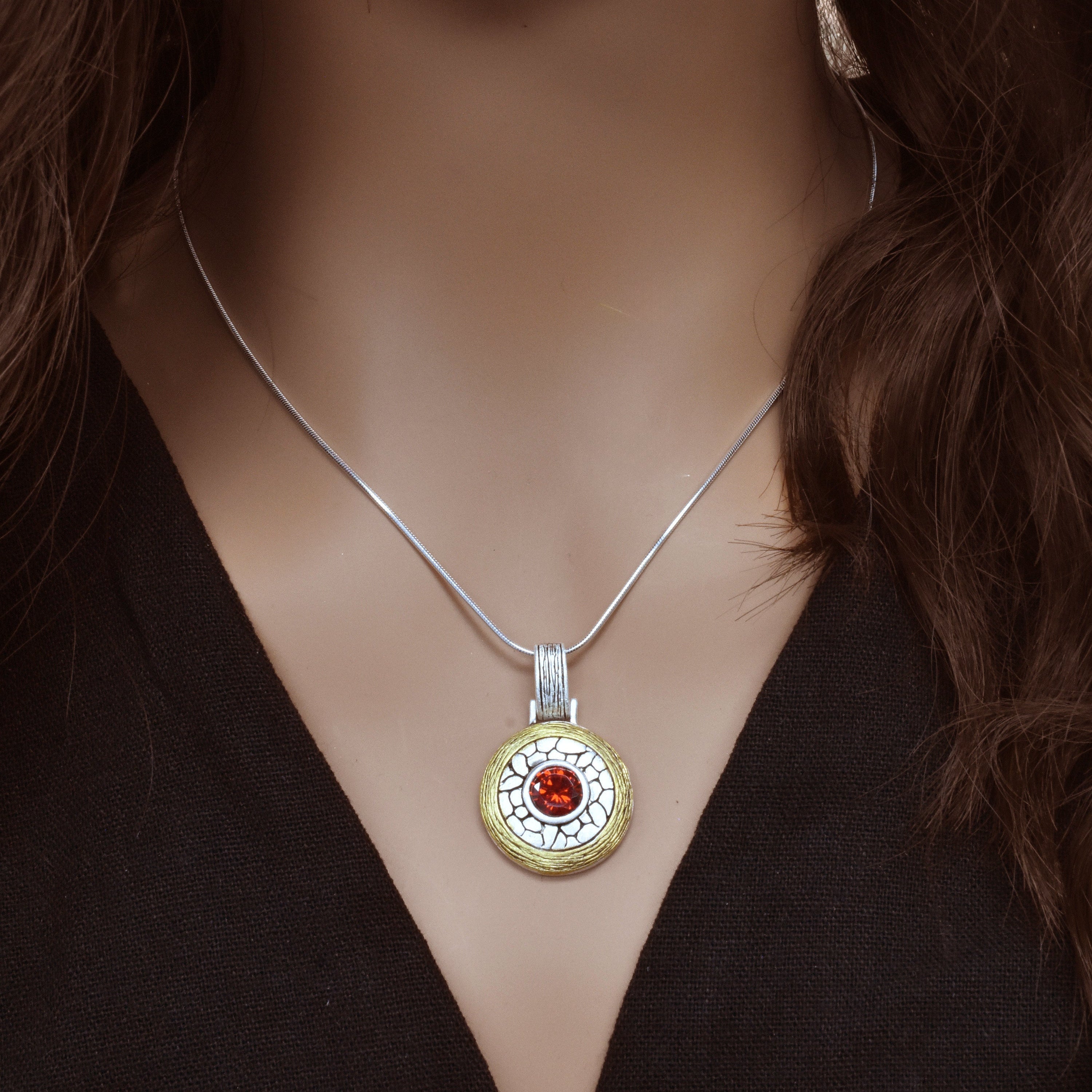 Sterling Silver 2 Tone Red CZ Rock Medallion Pendant - SPP00048