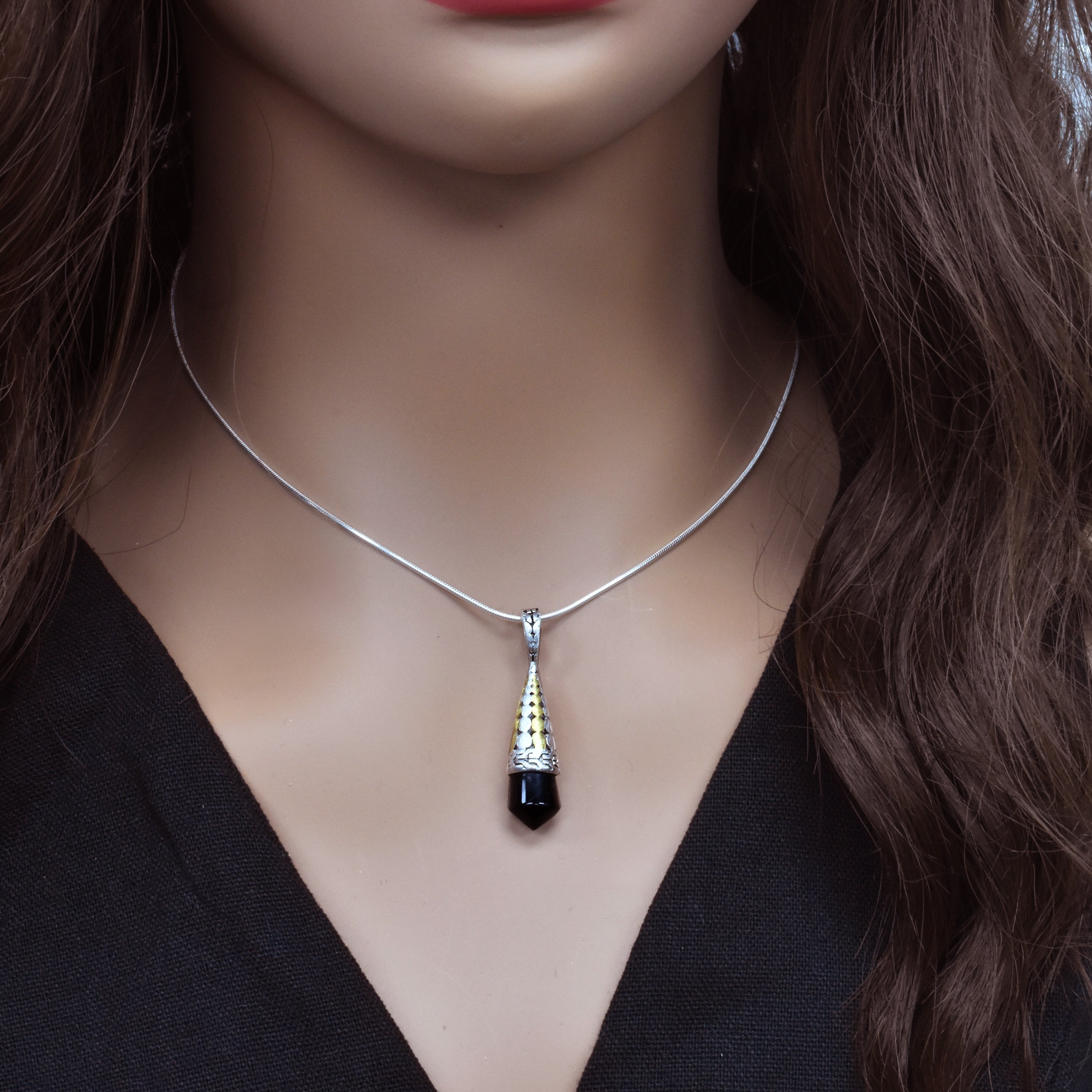 Sterling Silver Two Tone Onyx Pendulum Pendant - SPP00049