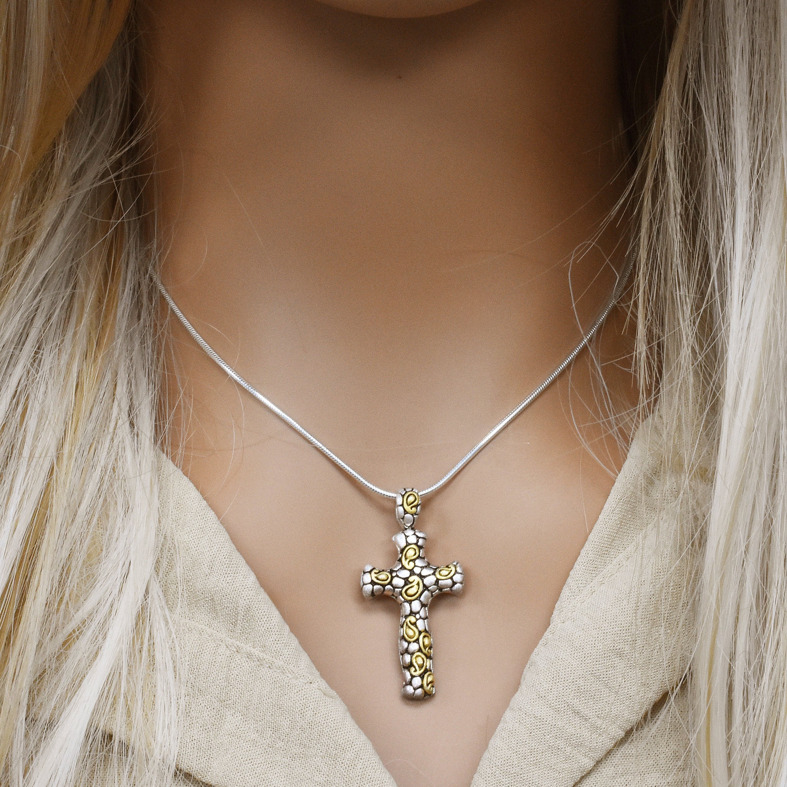 Sterling Silver Two Tone Paisley Cross Pendant - SPP00055