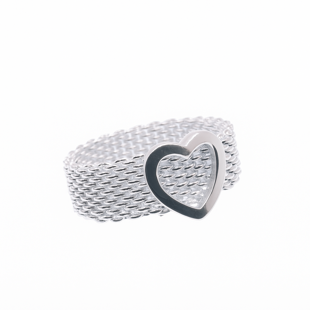 High Polished 925 Sterling Silver Mesh Heart Ring - SPR00018