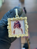 Square Floral Memorial Diamond Pendant in yellow gold, a sculpted rose and scrollwork frame around a glazed photo window with a pave-set bail. The photo shown is an example and can be replaced with any image.