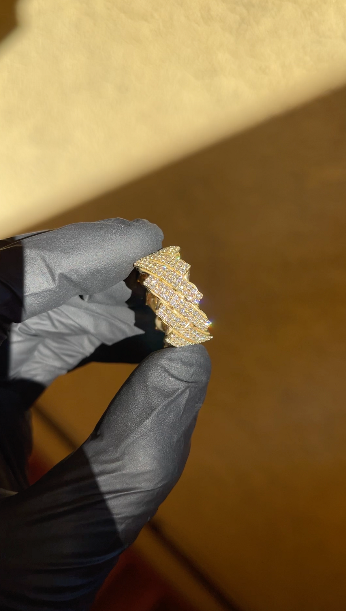 Staggered Cuban Diamond Ring in solid gold - diagonal pave bars separated by polished gold ribs