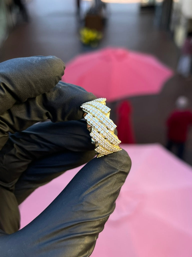 Staggered Cuban Diamond Ring showing the offset diagonal diamond rows around the band