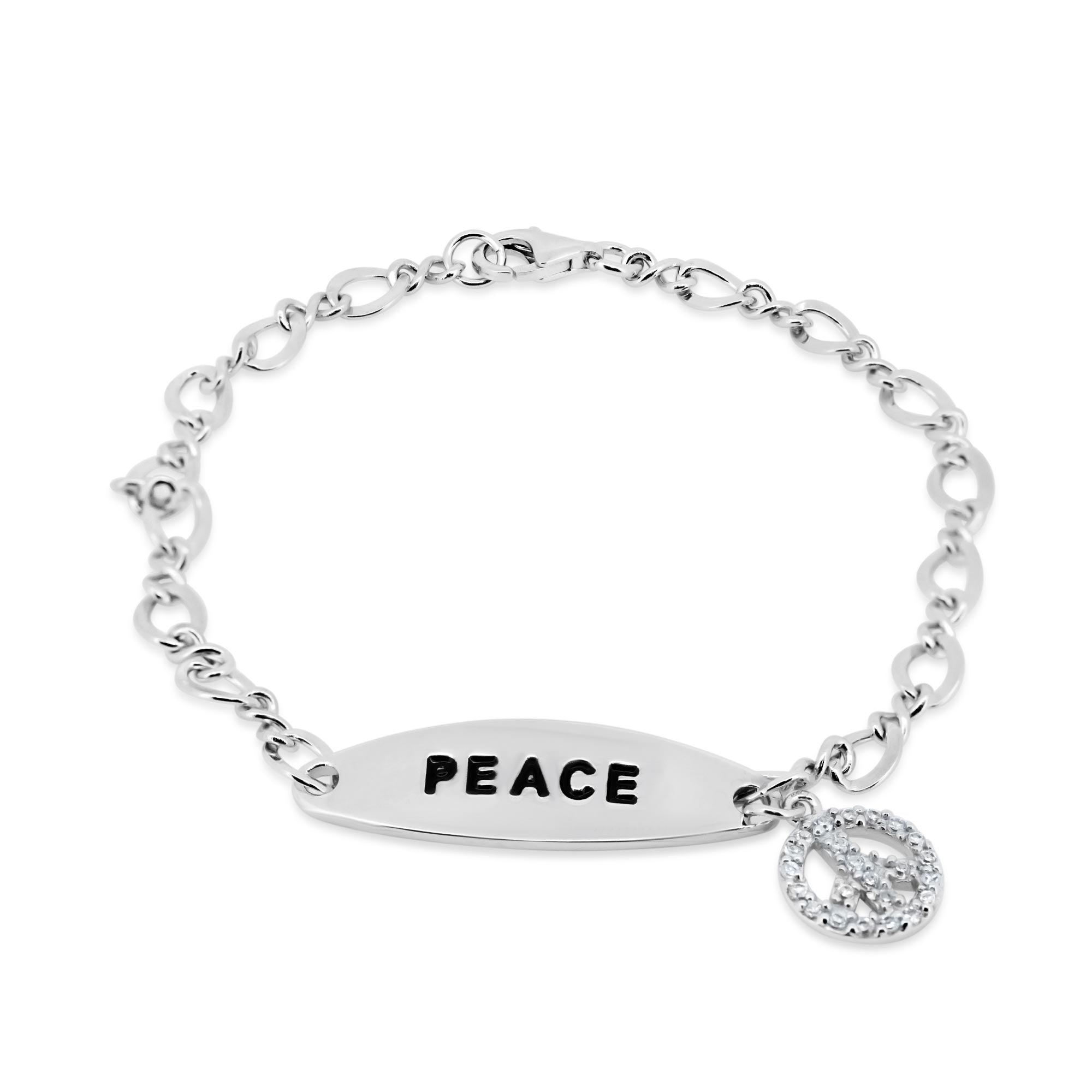 Rhodium Plated 925 Sterling Silver Peace Charm CZ Bracelet - STB00317