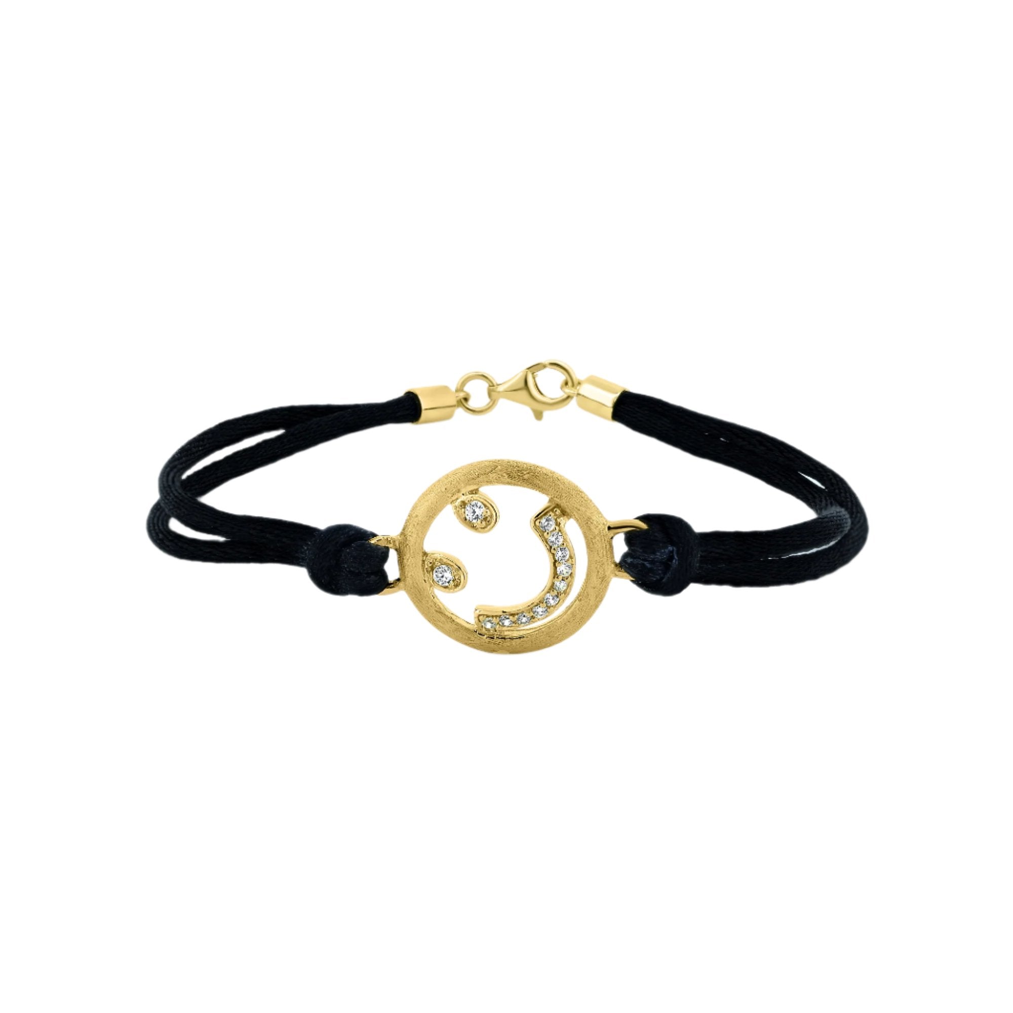 Silver 925 Gold Plated Happy Face Clear CZ Black Cord Bracelet - STB00432