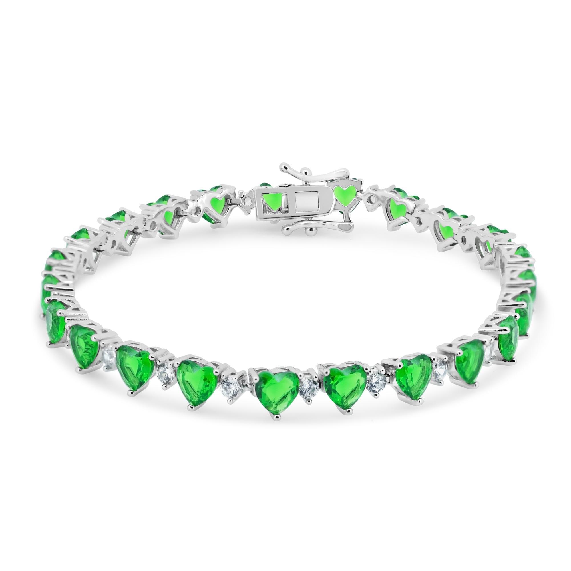 Rhodium Plated 925 Sterling Silver Heart Green CZ 6mm Tennis Bracelet - STB00622GREEN