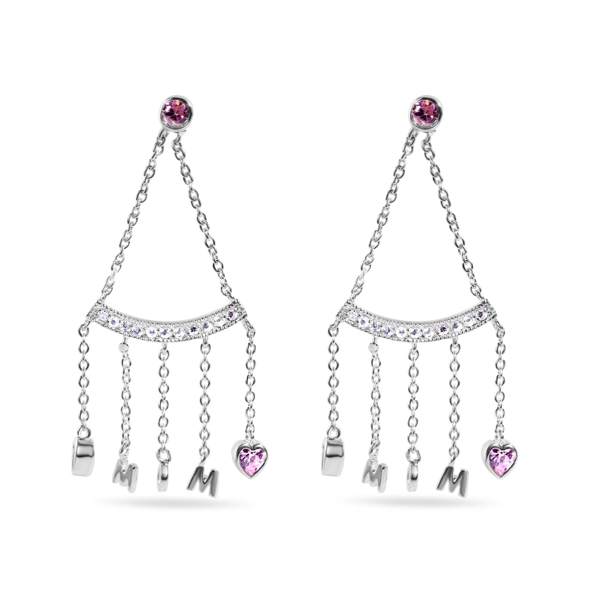 Rhodium Plated 925 Sterling Silver Dangling Hearts Mom Earrings - STE00116
