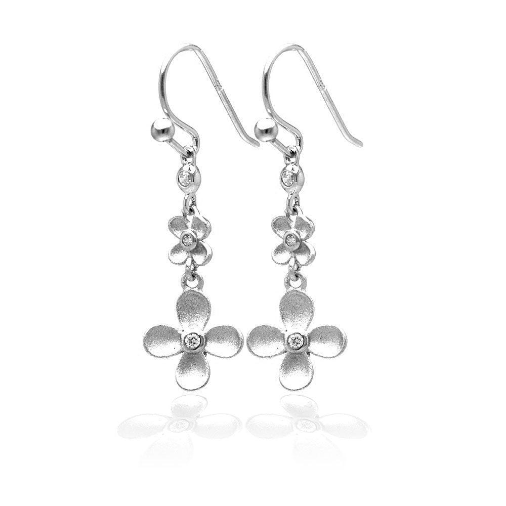 Silver 925 Rhodium Plated Matte Finish Hanging Clover Earrings - STE00742