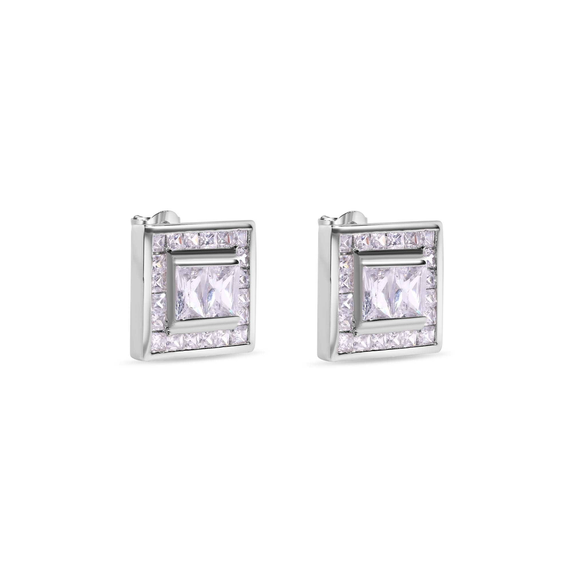 Rhodium Plated 925 Sterling Silver Square Clear CZ Stud Earrings - STEM108