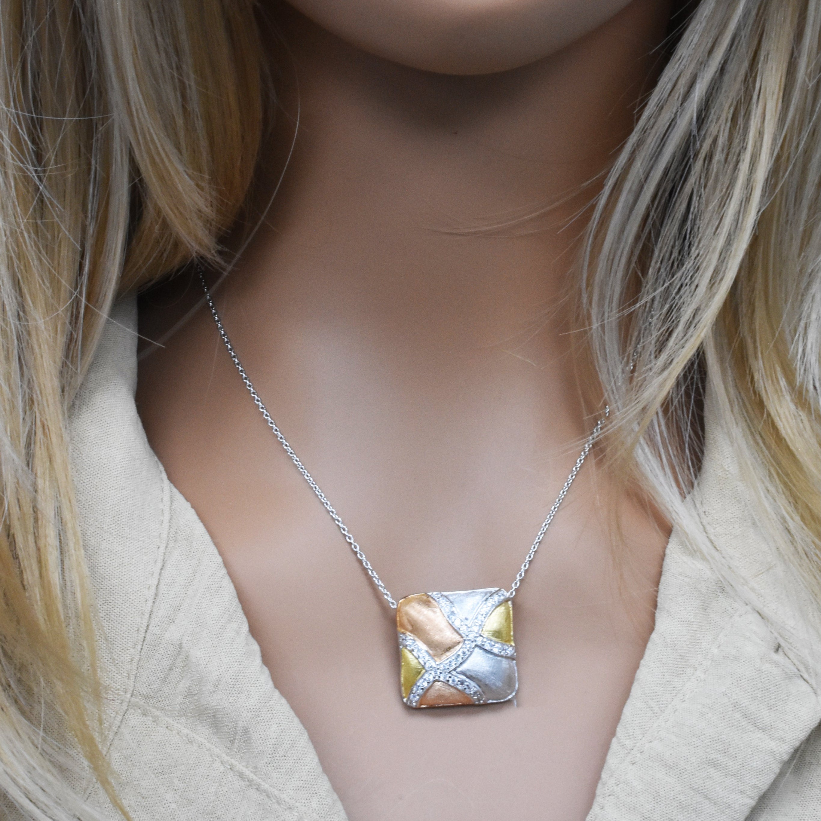 Silver 925 Rhodium Plated Clear CZ Square Pendant Necklace - STP00677