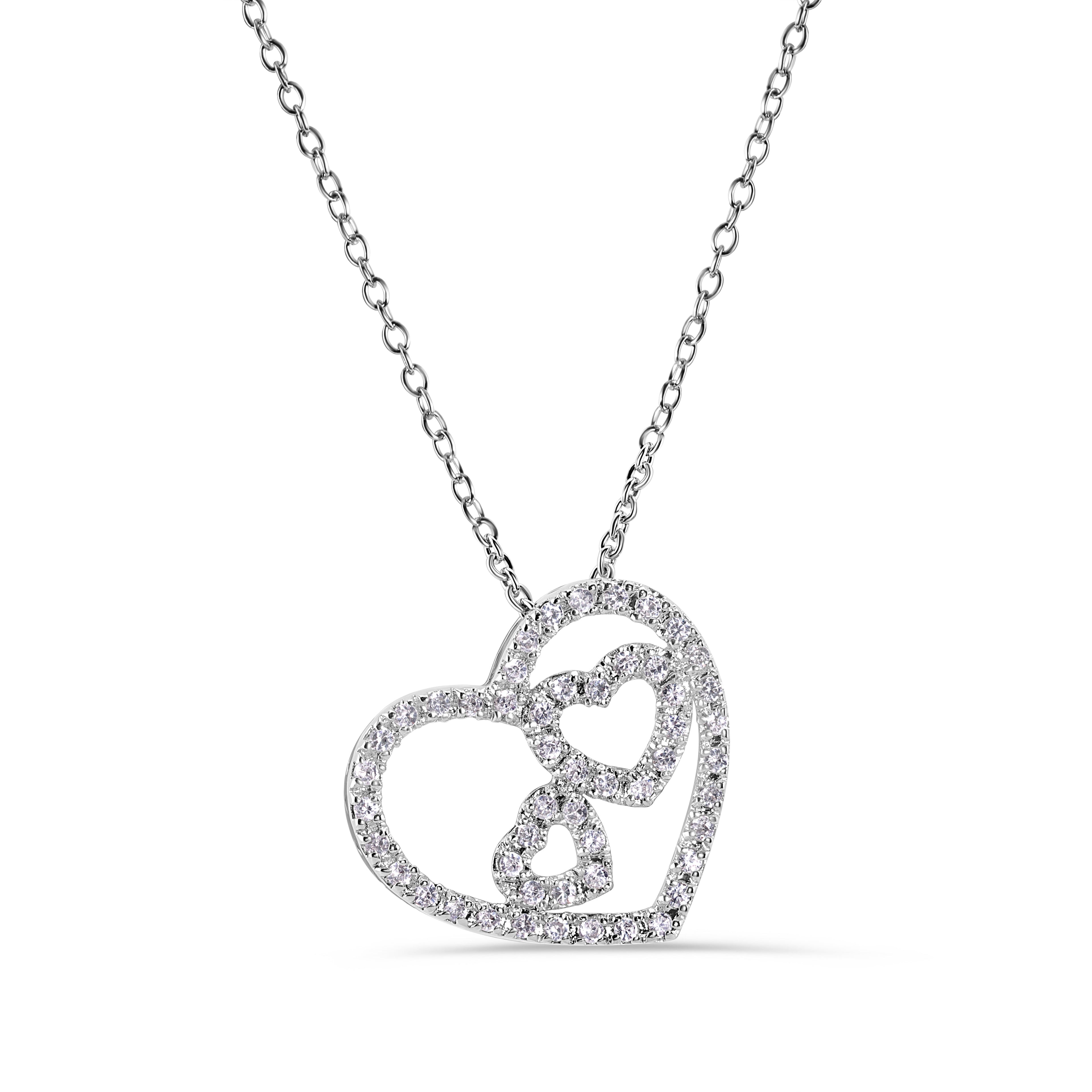 Silver 925 Rhodium Plated Three Hearts Clear CZ Adjustable Necklace - STP00038