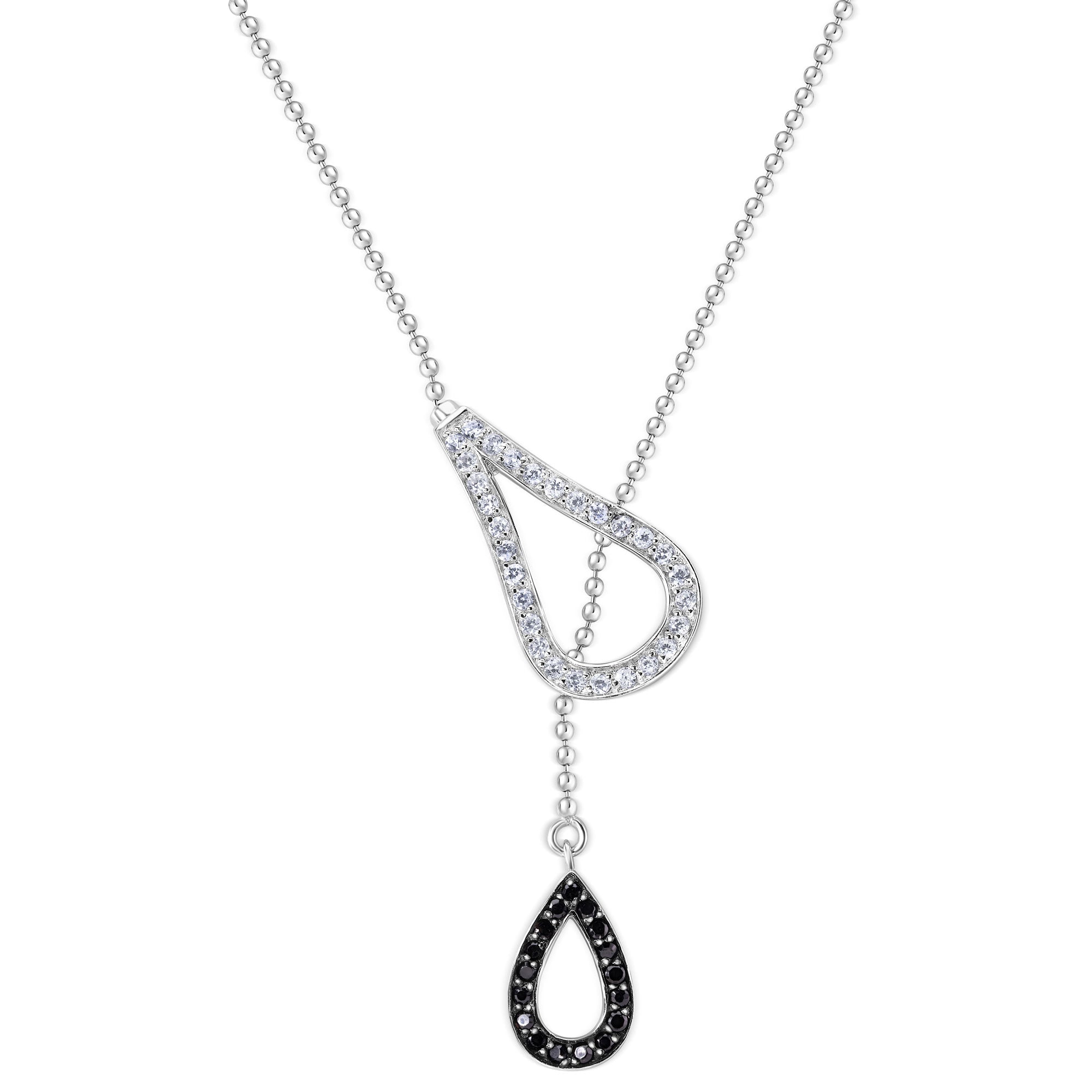 Silver 925 Rhodium Plated Two Teardrop Black and Clear CZ Wire Dangling Necklace - STP00583