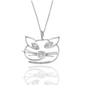 Rhodium Plated 925 Sterling Silver Whimsical Cat Face Marquise Clear CZ Necklace - STP00633
