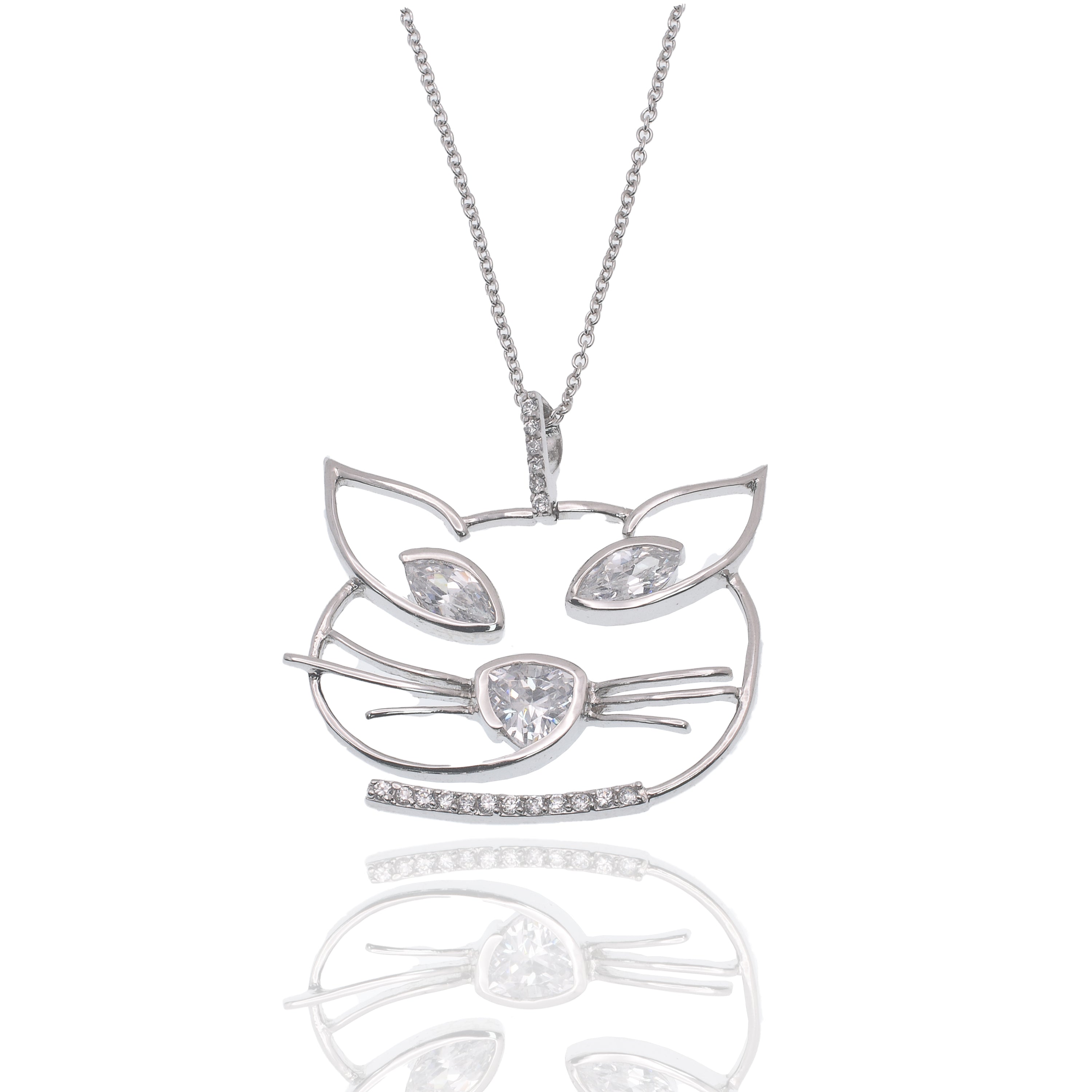 Rhodium Plated 925 Sterling Silver Whimsical Cat Face Marquise Clear CZ Necklace - STP00633