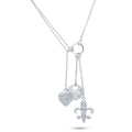 Rhodium Plated 925 Sterling Silver Clear CZ Flor De Lis, Heart, Disc Charm Necklace - STP00850