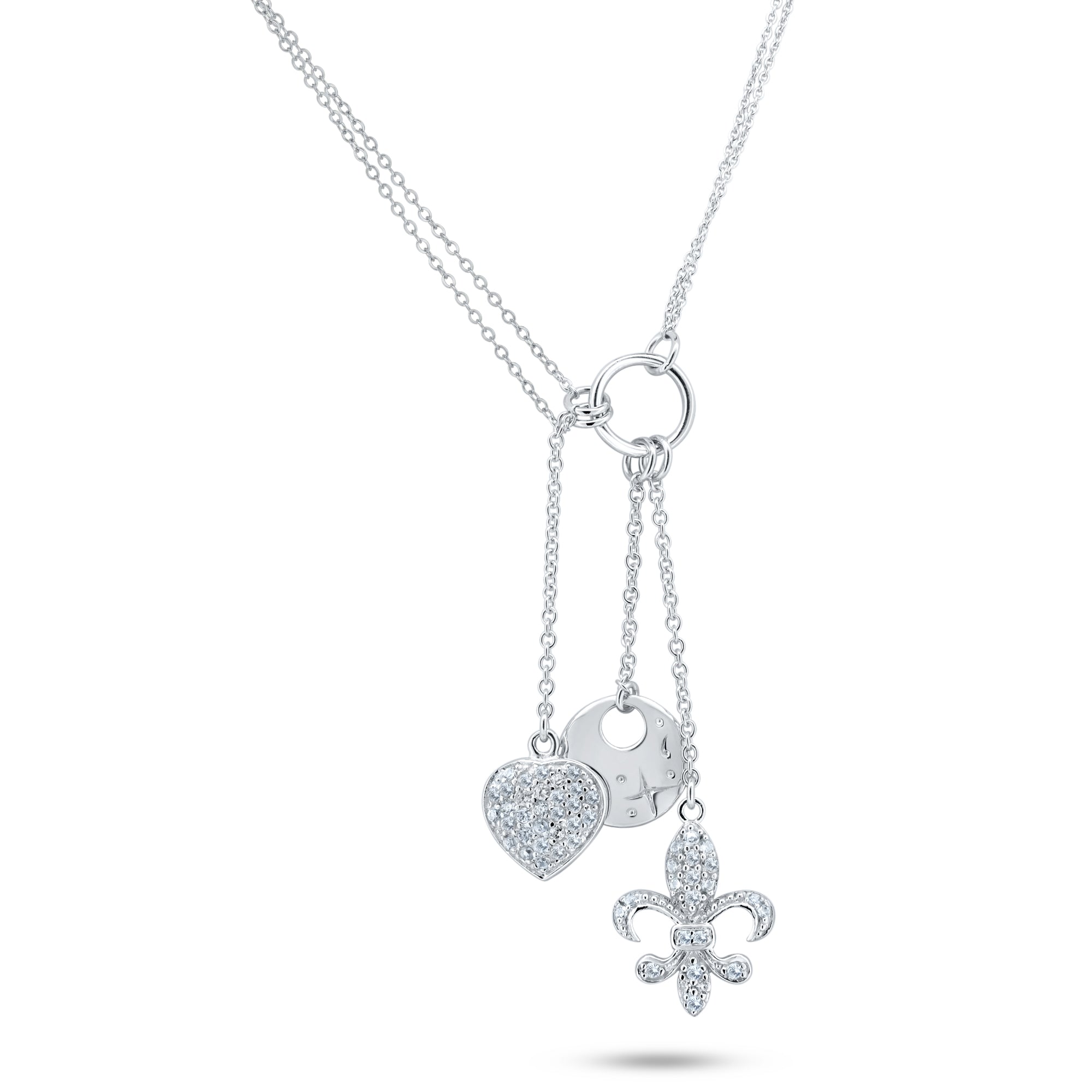 Rhodium Plated 925 Sterling Silver Clear CZ Flor De Lis, Heart, Disc Charm Necklace - STP00850