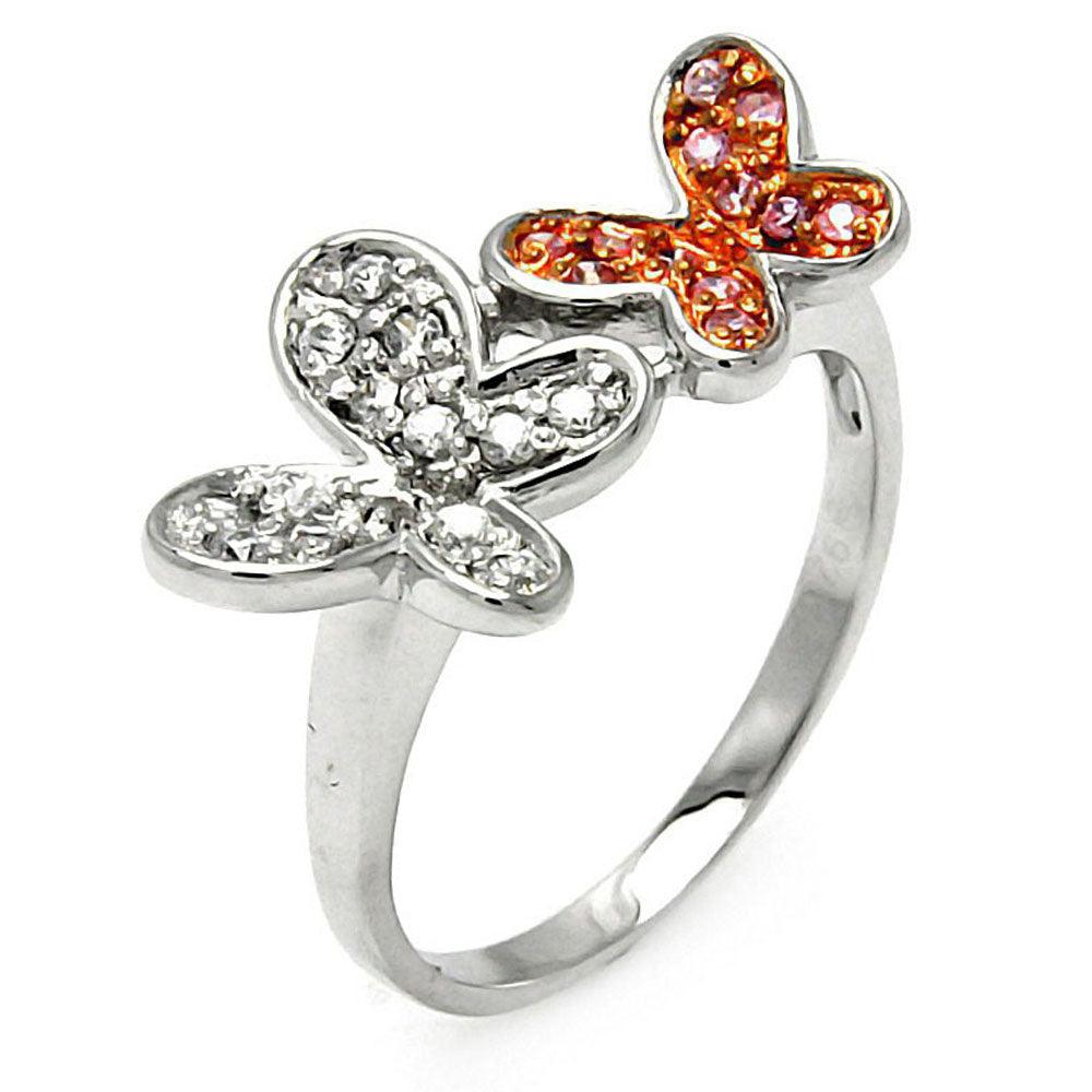 Silver 925 Rhodium and Rose Gold Plated Pink and Clear CZ Butterfly Ring - STR00004PNK-CLR