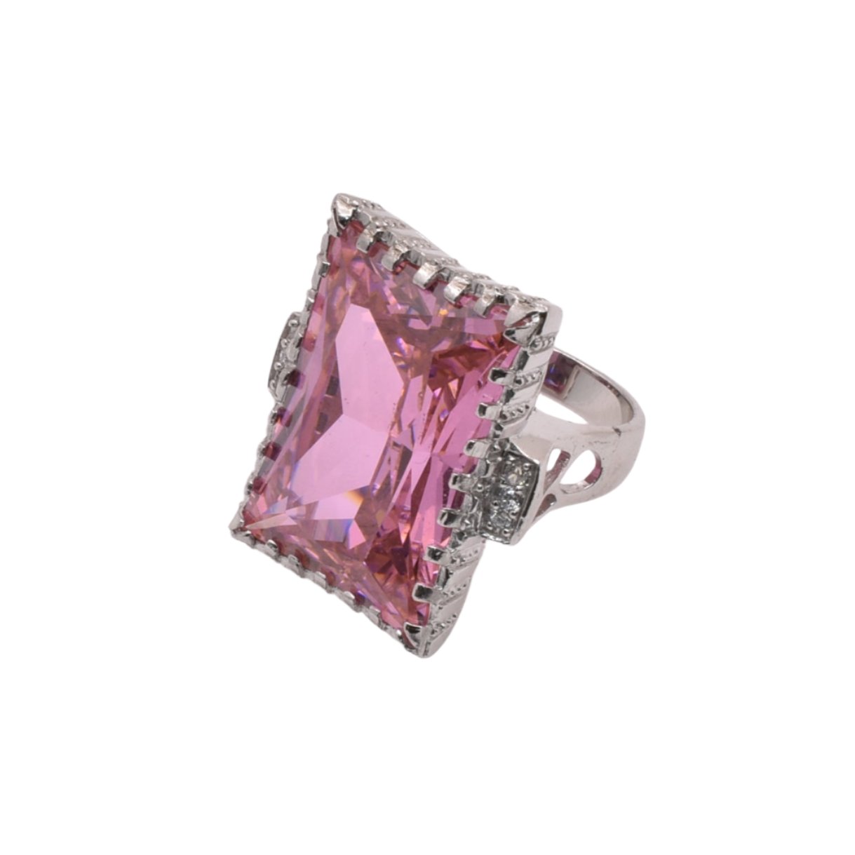 Silver 925 Rhodium Plated Large Pink Rectangular CZ Ring - STR00031PNK