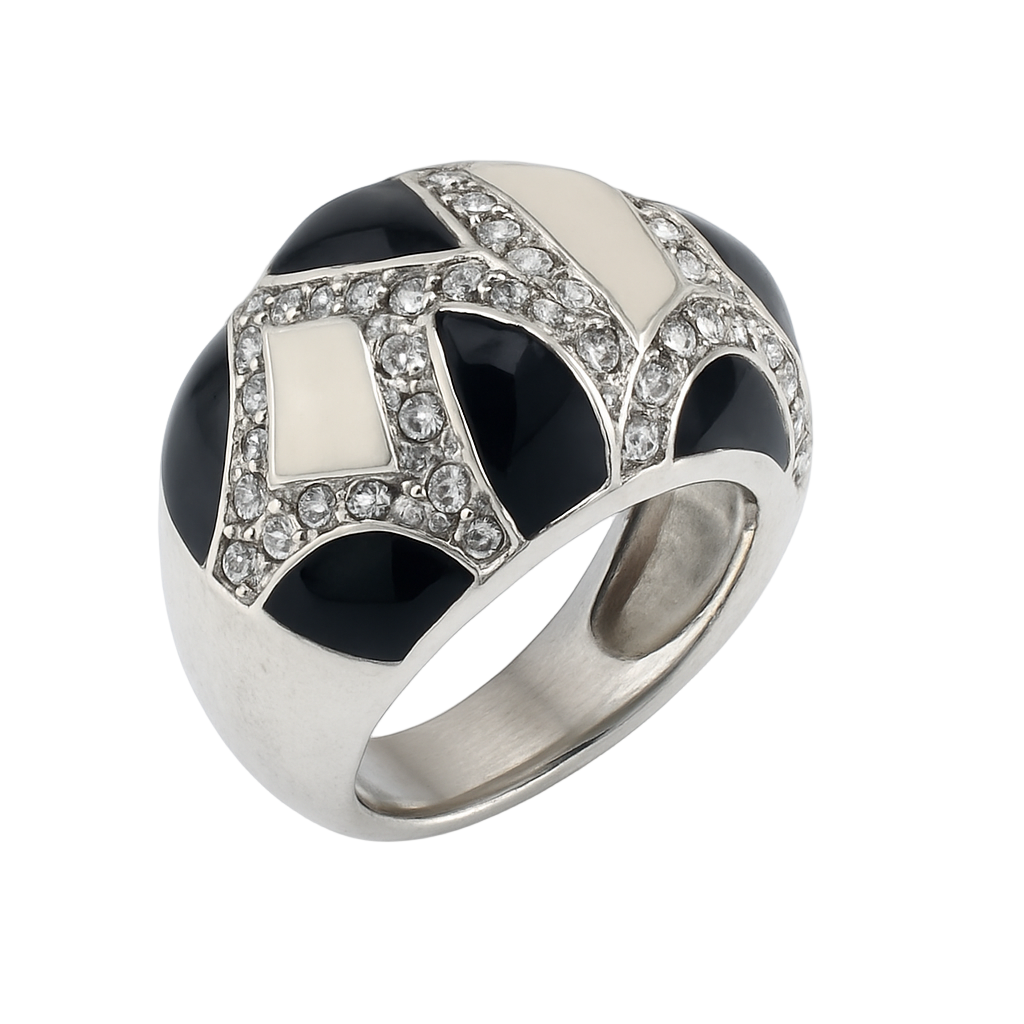 Rhodium Plated 925 Sterling Silver Black & White Enamel Dome with Pave CZ Accents Ring - STR00280