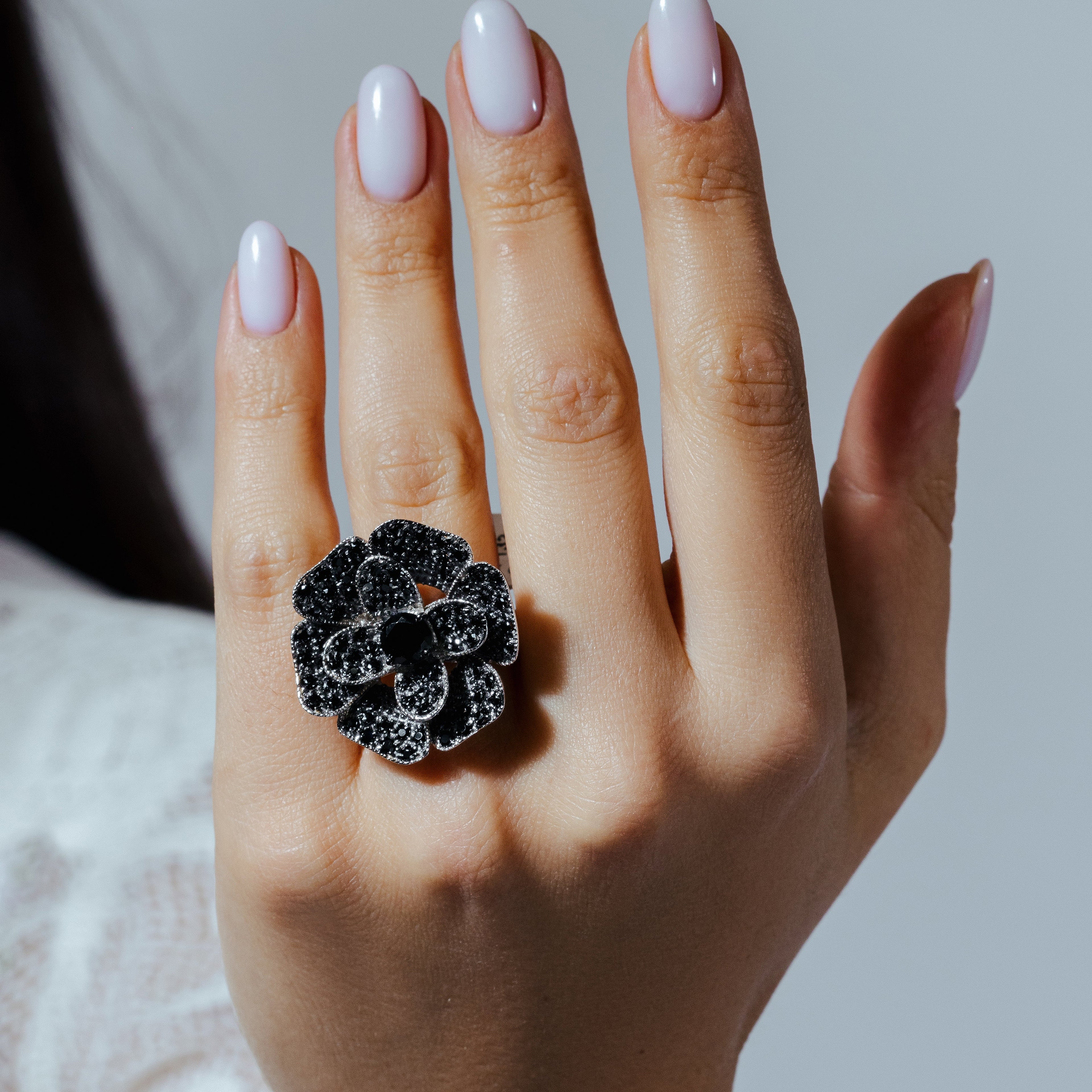 Silver 925 Rhodium and Black Rhodium Plated Black Pave Set CZ Flower Ring - STR00521BLK