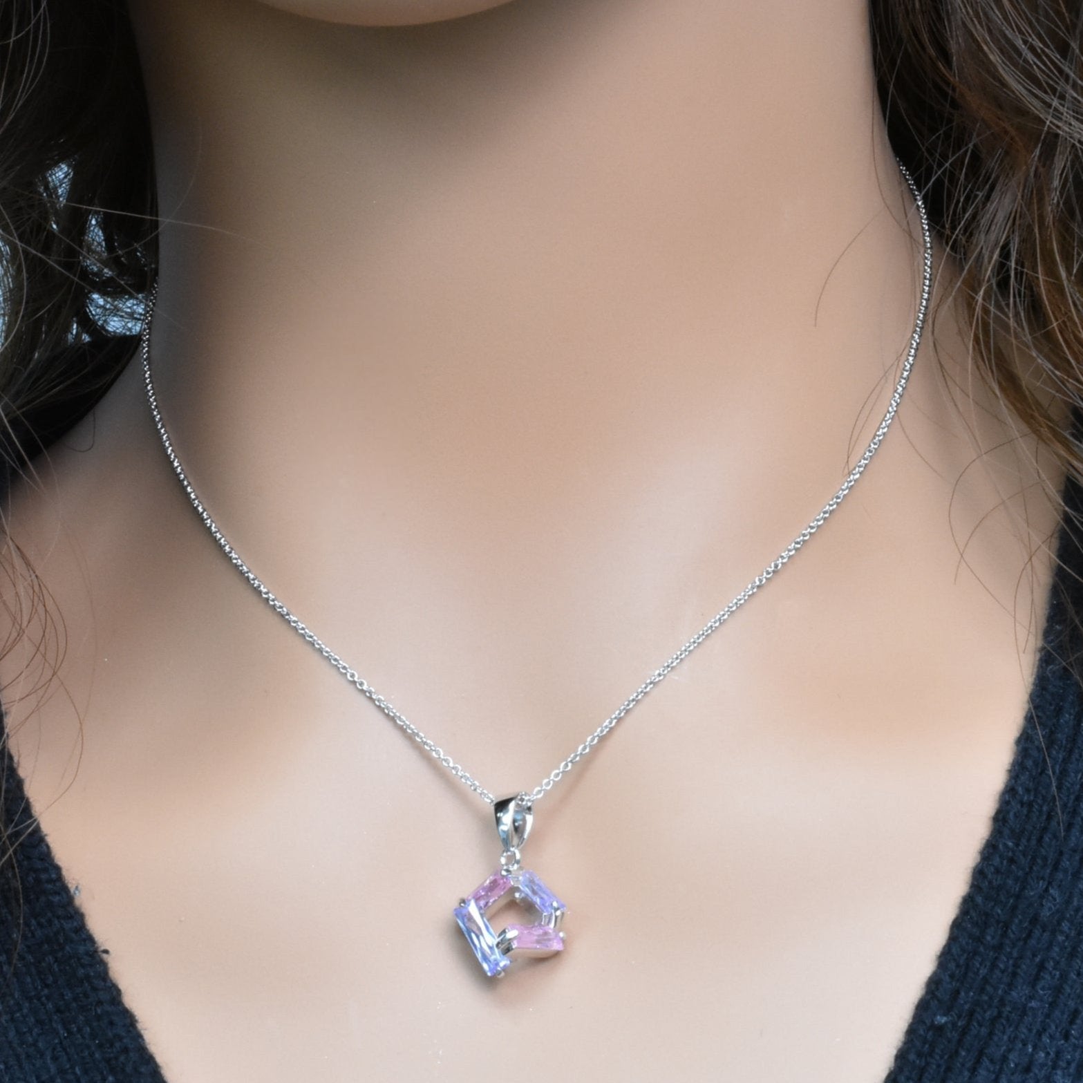 Silver 925 Rhodium Plated Pink & Lavender Baguette CZ Stud Earring and Necklace Set - STS00003