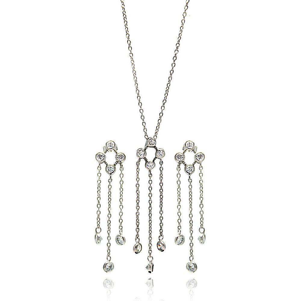 Silver 925 Rhodium Plated Open Circle Multiple Strand Dangling Round CZ Earring and Necklace Set - STS00092