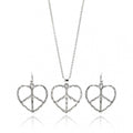 Silver 925 Rhodium Plated Open Peace Sign Heart CZ Dangling Hook Earring and Necklace Set - STS00218