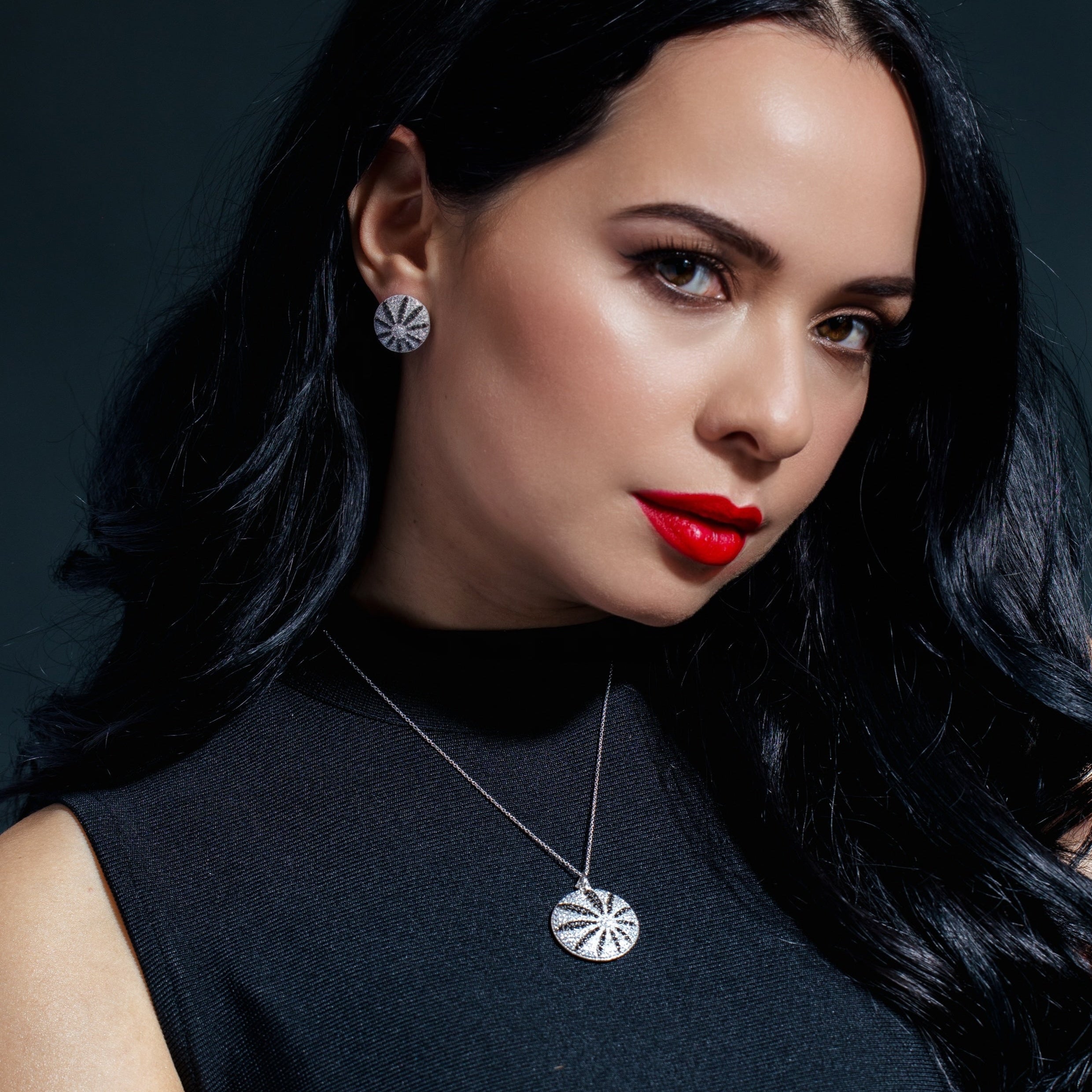 Silver 925 Rhodium Clear & Black CZ Disk Earring and Necklace Set - STS00276