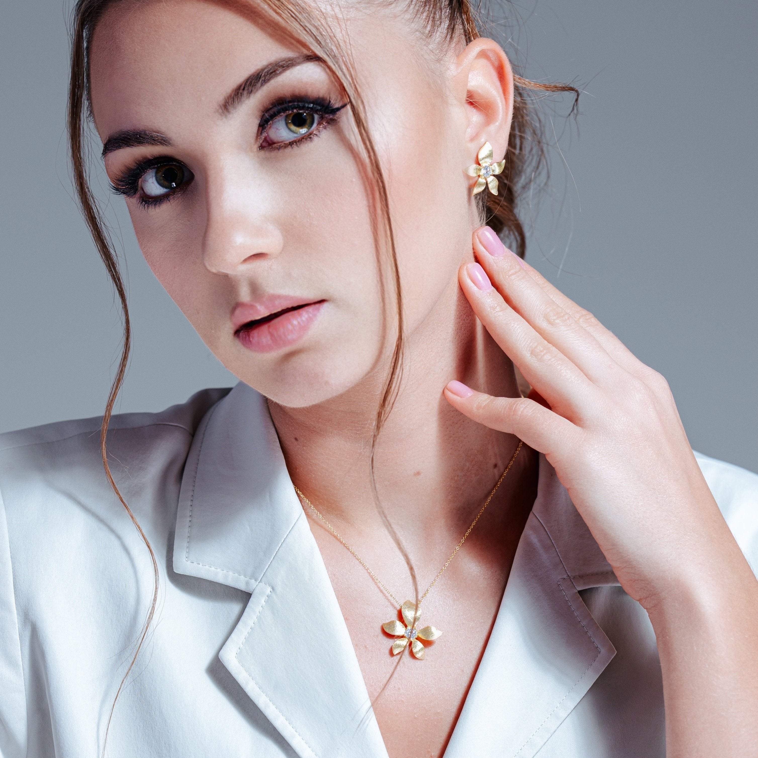 Silver 925 Gold Plated Flower CZ Stud Earring and Necklace Set - STS00381