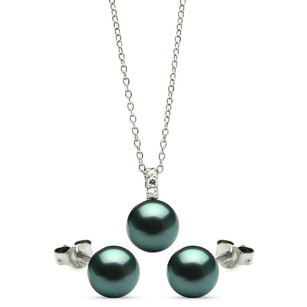Rhodium Plated 925 Sterling Silver Dark Teal Stud Earring and Necklace Set - STS00447GRY