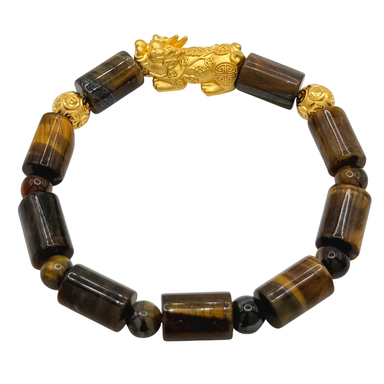 24K Yellow Gold Semi-Hollow Pi Xiu w/ Money Coin Balls Tiger Eye Bracelet